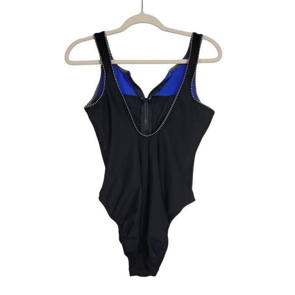 Vtg 90s Miraclesuit One Piece Swimsuit Sz 10 Black Blue Front Zip Bathing Suit - Picture 2 of 7